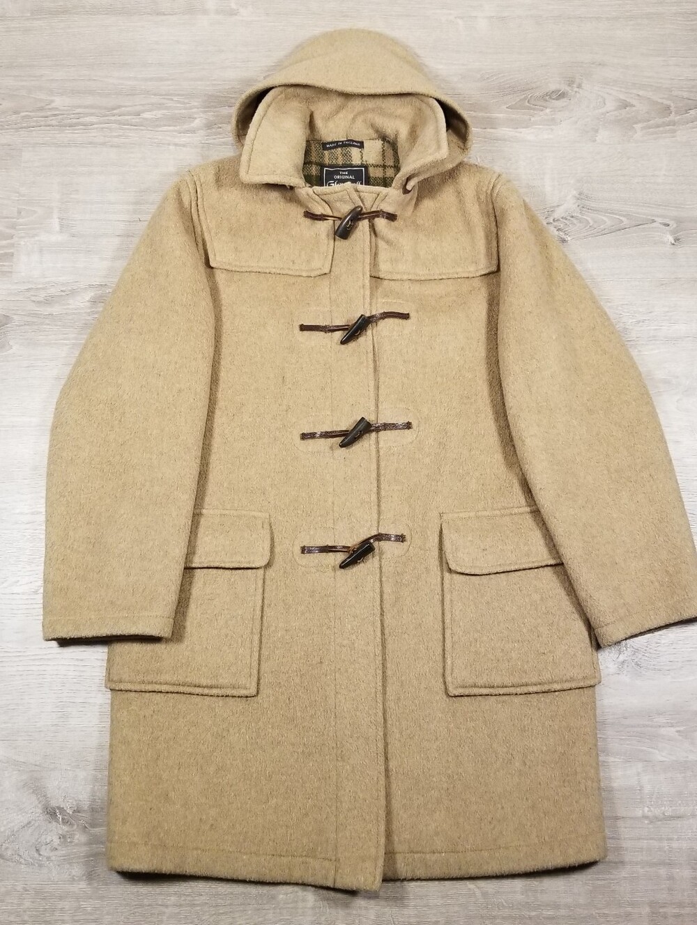 Vintage Gloverall Original English Duffle Coat Tan Wool Plaid Lined Men's 40
